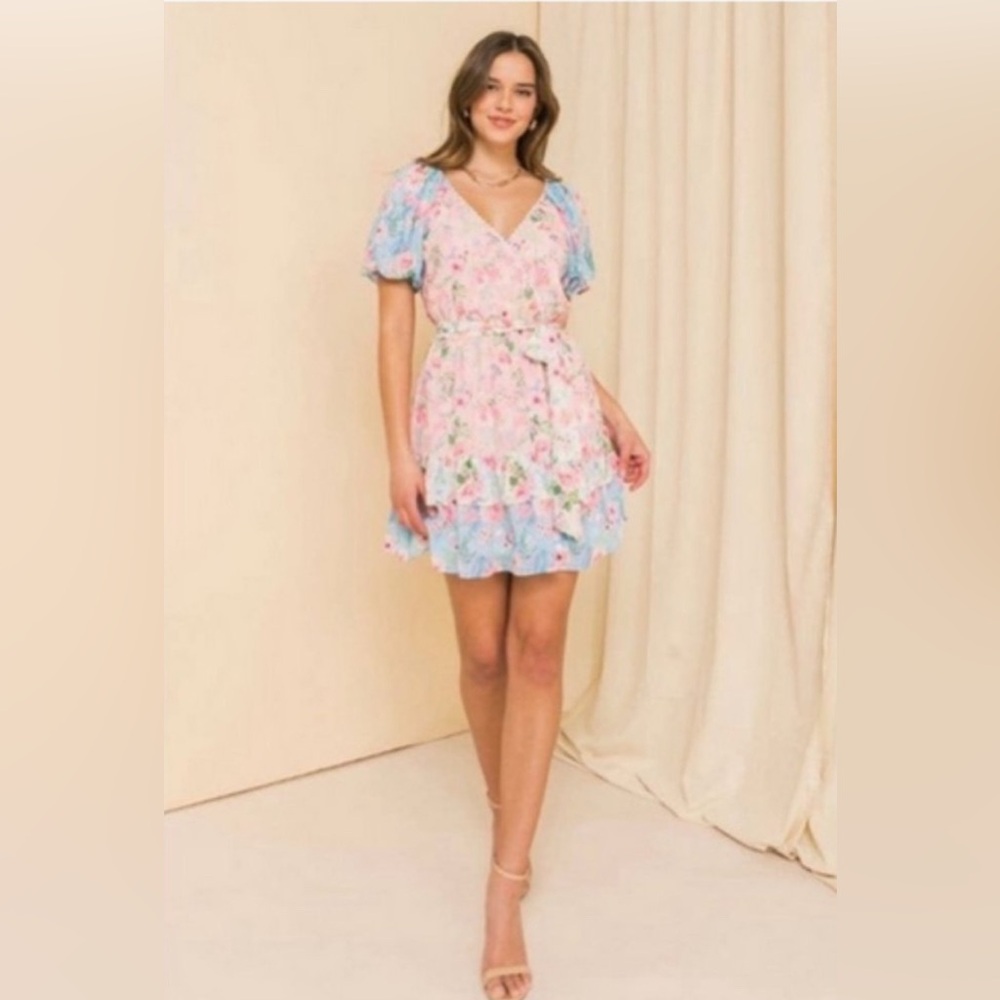 Love Colette Floral Pink & Blue Puff Sleeve Mini Dress Size Medium
